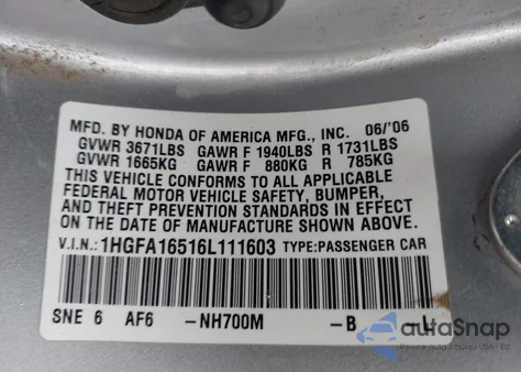 2006 Honda Civic Lx z USA, uszkodzony, nr VIN 1HGFA16516L111603